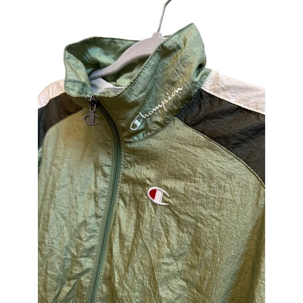 Champion Windbreaker Full Zip Green Color block‎ Track Jacket Mens Sz Large